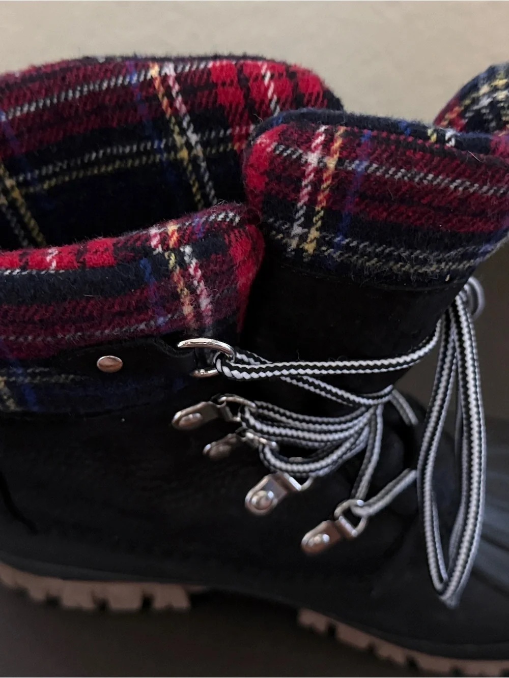 J. Crew Black Lace-Up Ankle Boots with Red Plaid Cuff and Tan Lug Sole